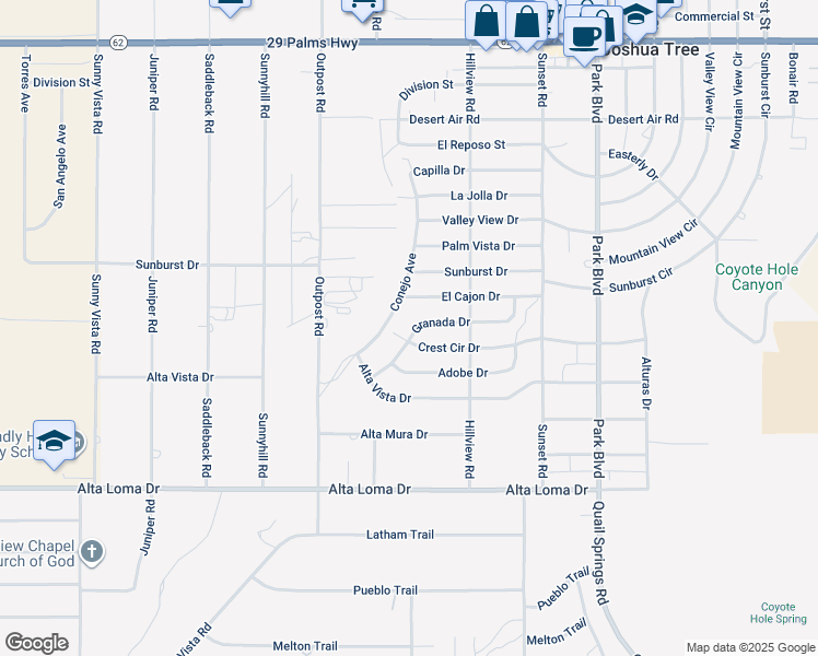map of restaurants, bars, coffee shops, grocery stores, and more near 61488 Crest Circle Drive in Joshua Tree