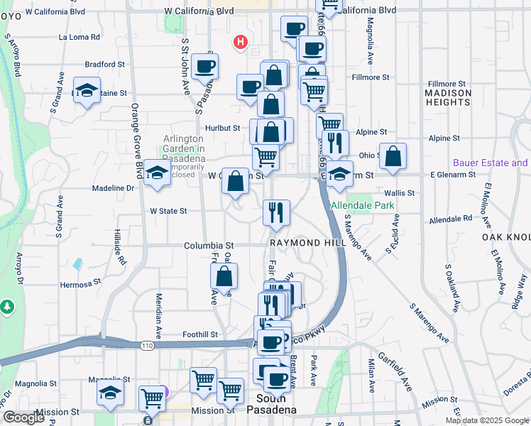 map of restaurants, bars, coffee shops, grocery stores, and more near 82246 South Fair Oaks Avenue in Pasadena