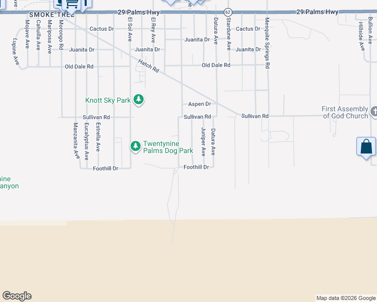 map of restaurants, bars, coffee shops, grocery stores, and more near 7030 49 Palms Avenue in Twentynine Palms