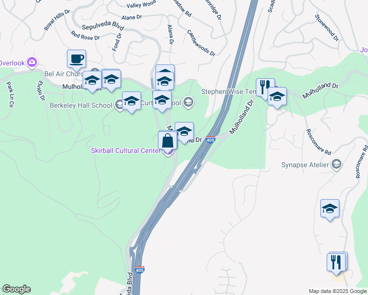 map of restaurants, bars, coffee shops, grocery stores, and more near 15800 Zeldins Way in Los Angeles