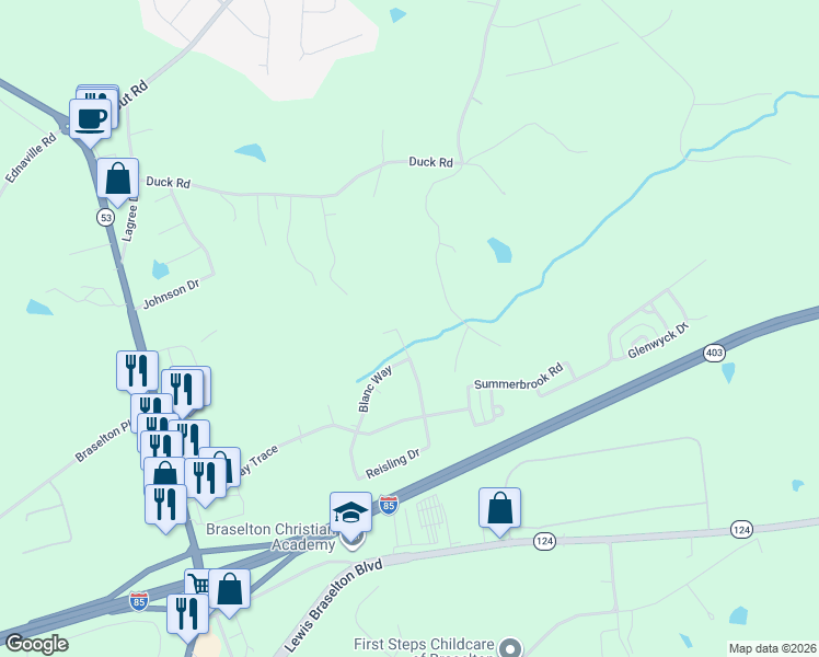 map of restaurants, bars, coffee shops, grocery stores, and more near 562 Reisling Dr in Braselton
