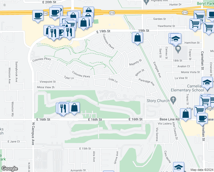 map of restaurants, bars, coffee shops, grocery stores, and more near 1714 Swan Loop East in Upland