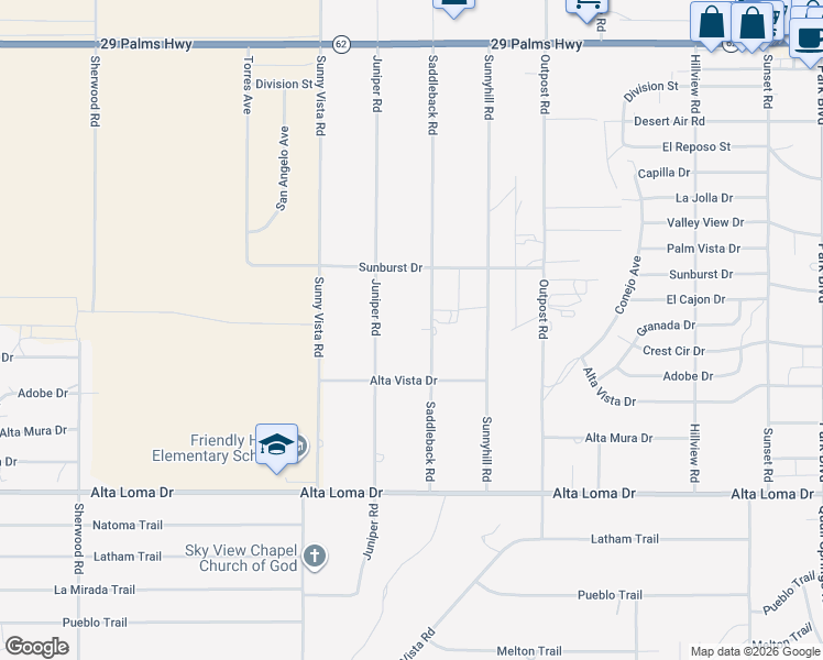 map of restaurants, bars, coffee shops, grocery stores, and more near 7060 Saddleback Road in Joshua Tree