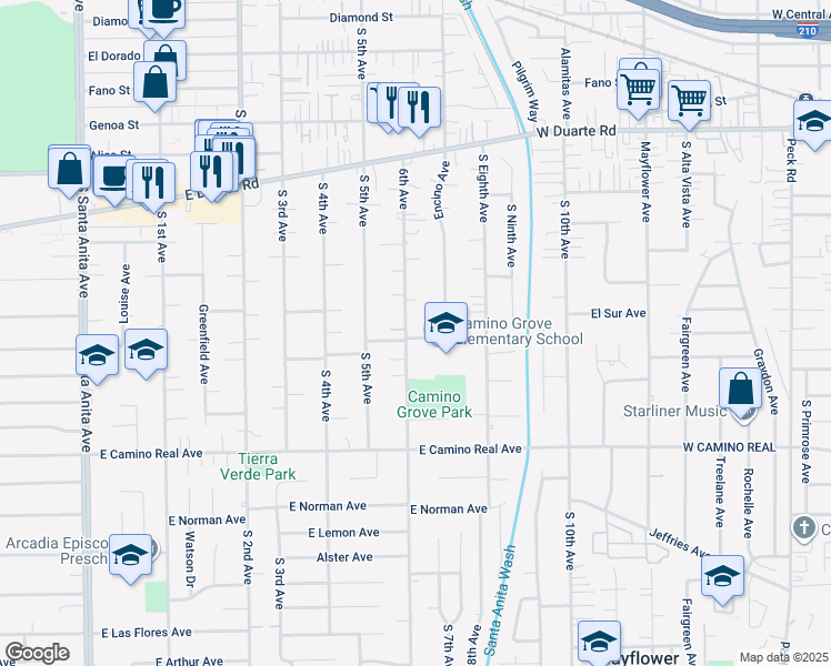 map of restaurants, bars, coffee shops, grocery stores, and more near 601 Camino Grove Avenue in Arcadia