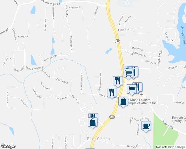 map of restaurants, bars, coffee shops, grocery stores, and more near 1930 Commonwealth Court in Cumming
