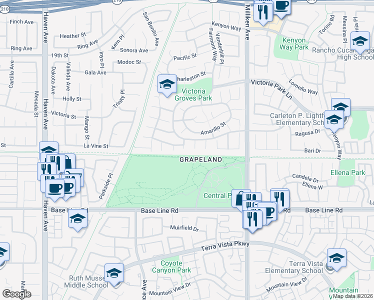map of restaurants, bars, coffee shops, grocery stores, and more near 7077 Campbell Place in Rancho Cucamonga