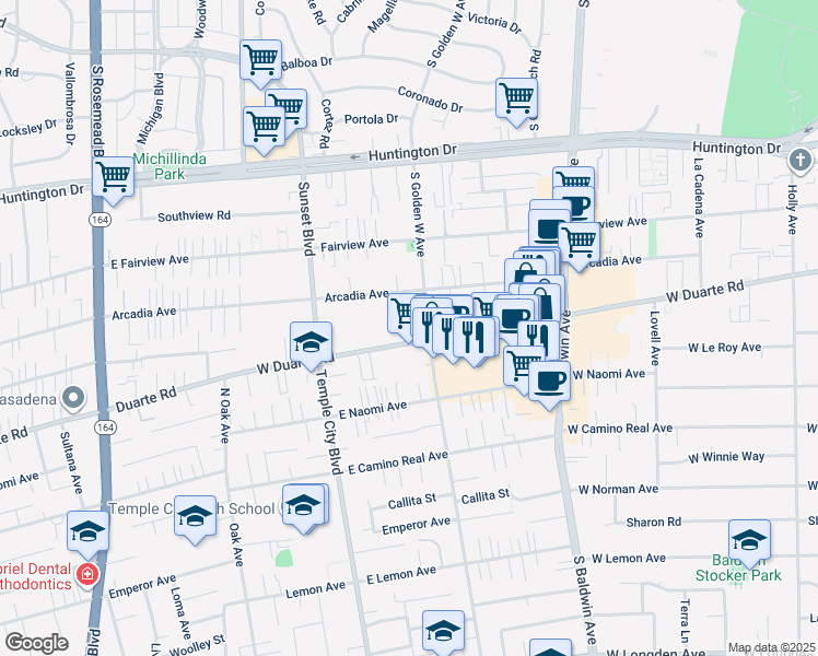 map of restaurants, bars, coffee shops, grocery stores, and more near 917 West Duarte Road in Arcadia