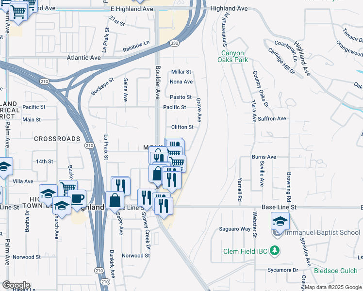 map of restaurants, bars, coffee shops, grocery stores, and more near 28004 Stratford Street in Highland