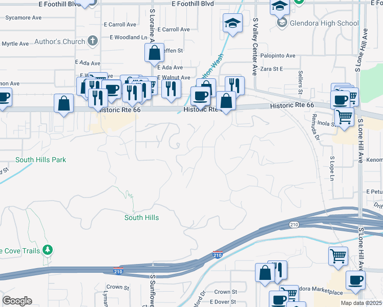 map of restaurants, bars, coffee shops, grocery stores, and more near 1226 Buffalo Trail in Glendora