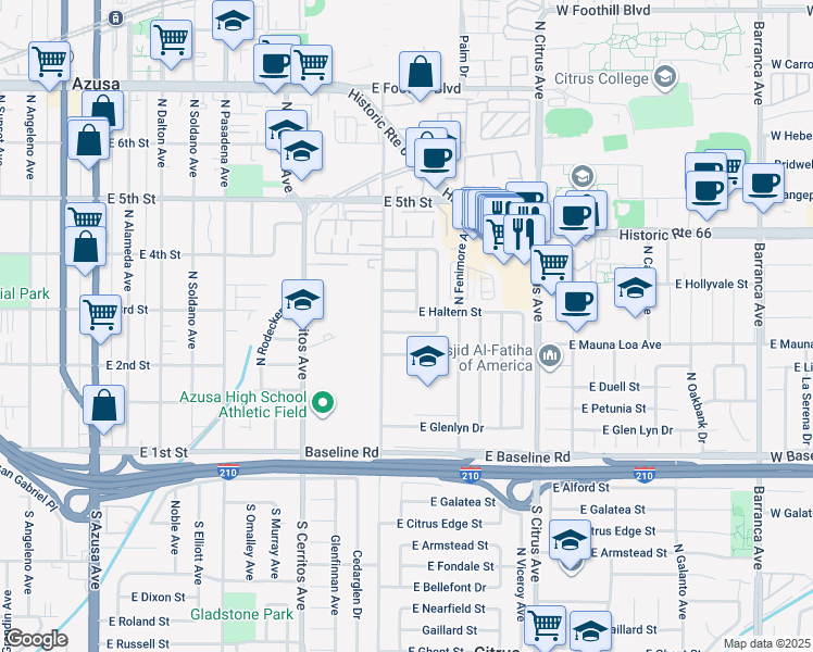 map of restaurants, bars, coffee shops, grocery stores, and more near 721 East Hanks Street in Azusa