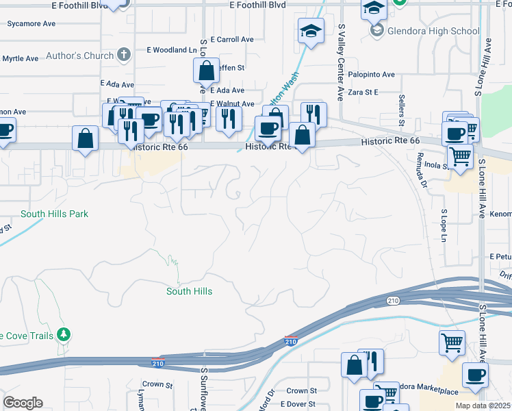 map of restaurants, bars, coffee shops, grocery stores, and more near 1226 Buffalo Trail in Glendora