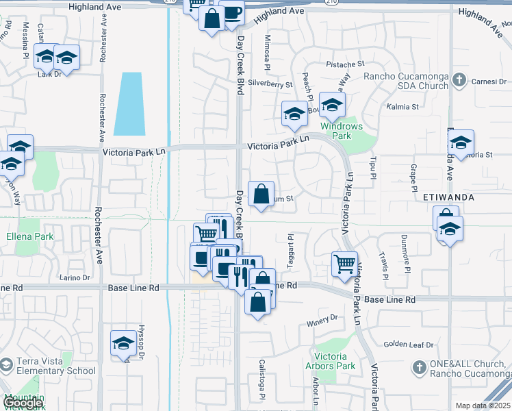 map of restaurants, bars, coffee shops, grocery stores, and more near 7067 Fontaine Place in Rancho Cucamonga
