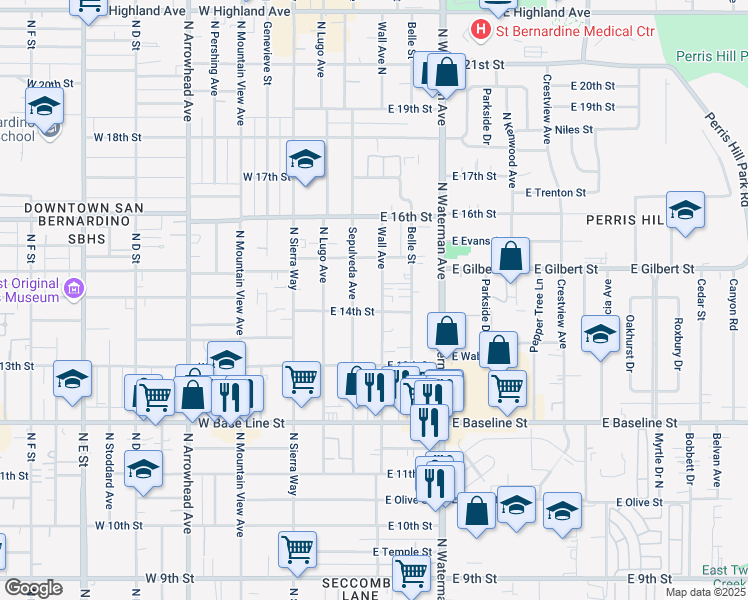 map of restaurants, bars, coffee shops, grocery stores, and more near 1376 Wall Avenue in San Bernardino