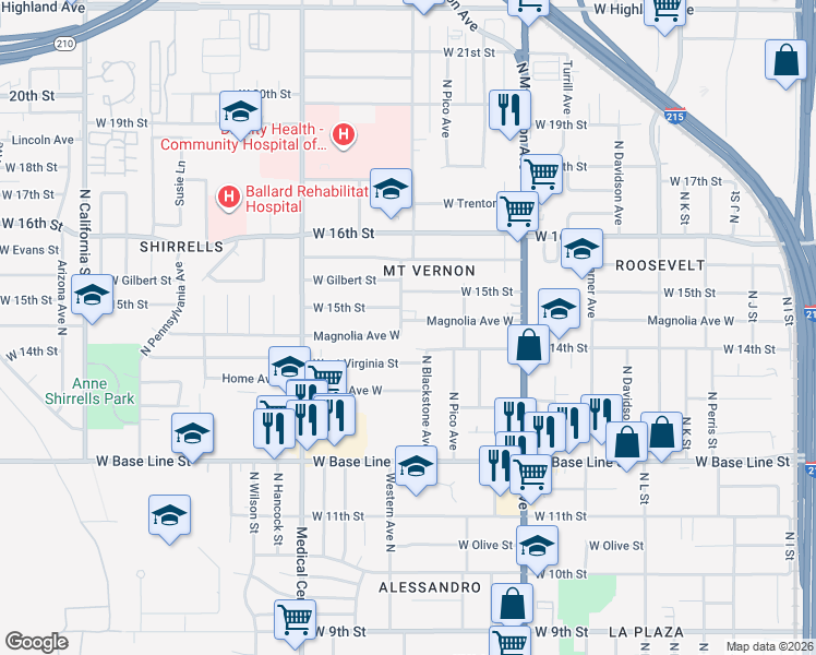map of restaurants, bars, coffee shops, grocery stores, and more near 1396 North Blackstone Avenue in San Bernardino