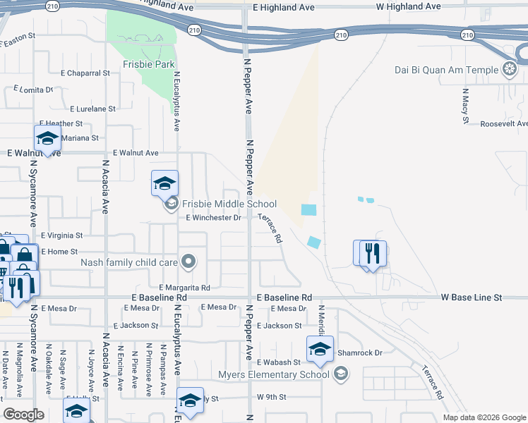 map of restaurants, bars, coffee shops, grocery stores, and more near 900 East Virginia Street in Rialto
