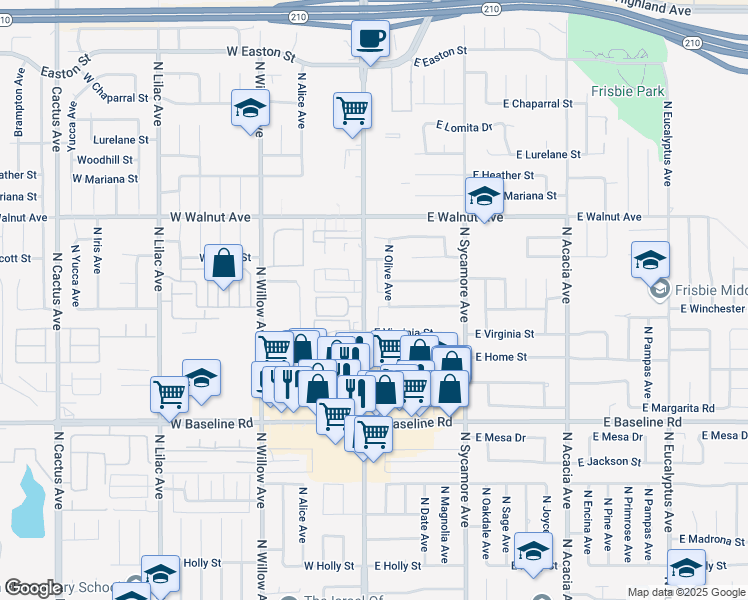 map of restaurants, bars, coffee shops, grocery stores, and more near 1405 North Riverside Avenue in Rialto