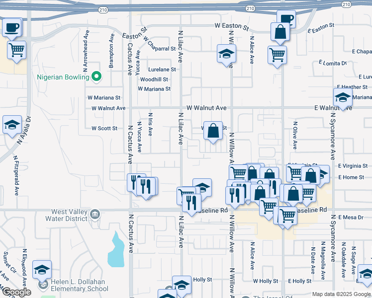 map of restaurants, bars, coffee shops, grocery stores, and more near 1397 North Park Avenue in Rialto