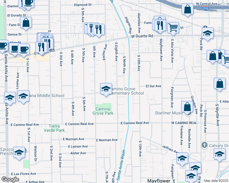map of restaurants, bars, coffee shops, grocery stores, and more near 1318 South Eighth Avenue in Arcadia