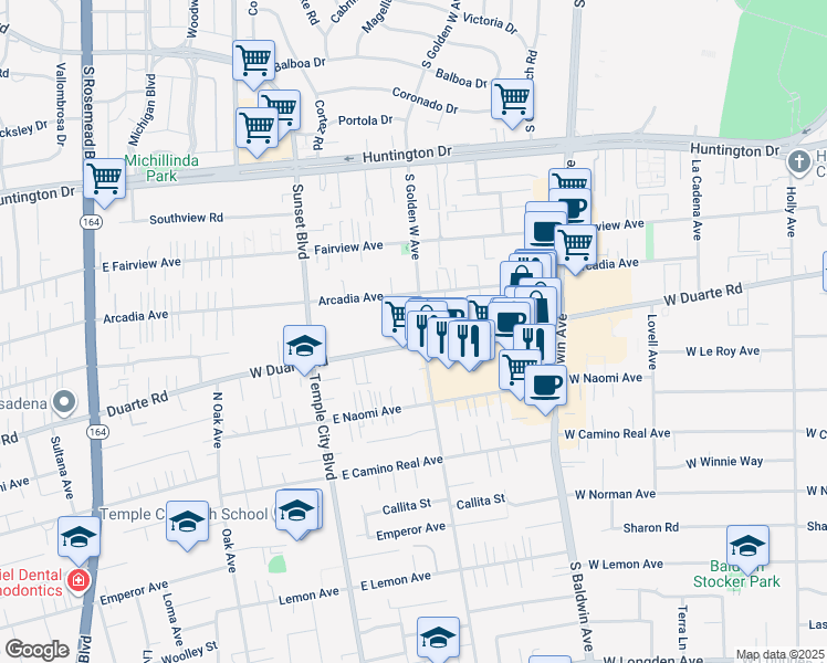 map of restaurants, bars, coffee shops, grocery stores, and more near in Arcadia