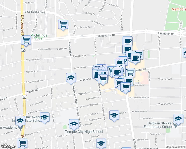 map of restaurants, bars, coffee shops, grocery stores, and more near in Arcadia