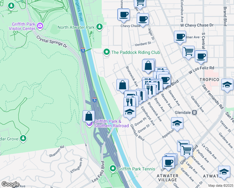 map of restaurants, bars, coffee shops, grocery stores, and more near 4048 Garden Avenue in Los Angeles