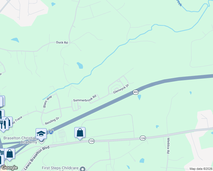 map of restaurants, bars, coffee shops, grocery stores, and more near 691 Walnut Woods Drive in Braselton