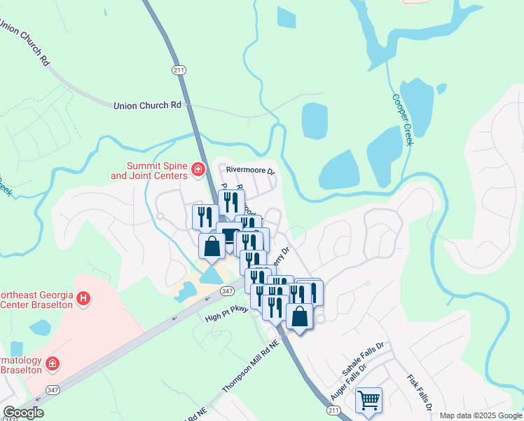 map of restaurants, bars, coffee shops, grocery stores, and more near 6169 Mulberry Park Drive in Braselton