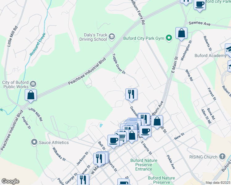 map of restaurants, bars, coffee shops, grocery stores, and more near 507 Gwinnett Street in Buford