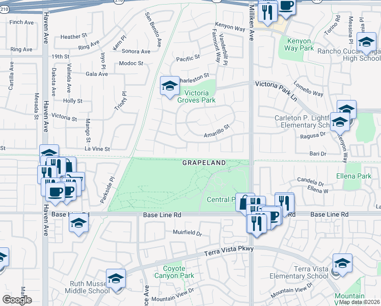 map of restaurants, bars, coffee shops, grocery stores, and more near 7077 Campbell Place in Rancho Cucamonga