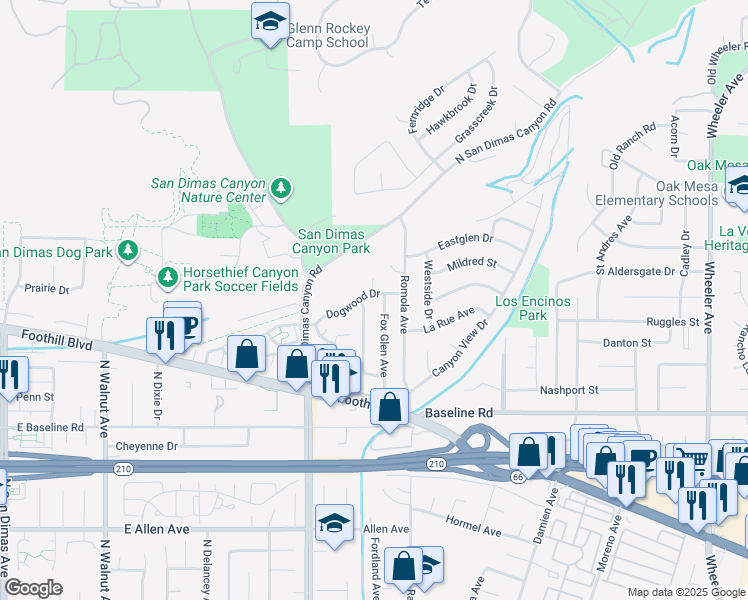 map of restaurants, bars, coffee shops, grocery stores, and more near 844 Dogwood Drive in La Verne