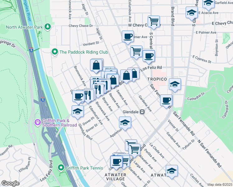 map of restaurants, bars, coffee shops, grocery stores, and more near 3958 Seneca Avenue in Los Angeles