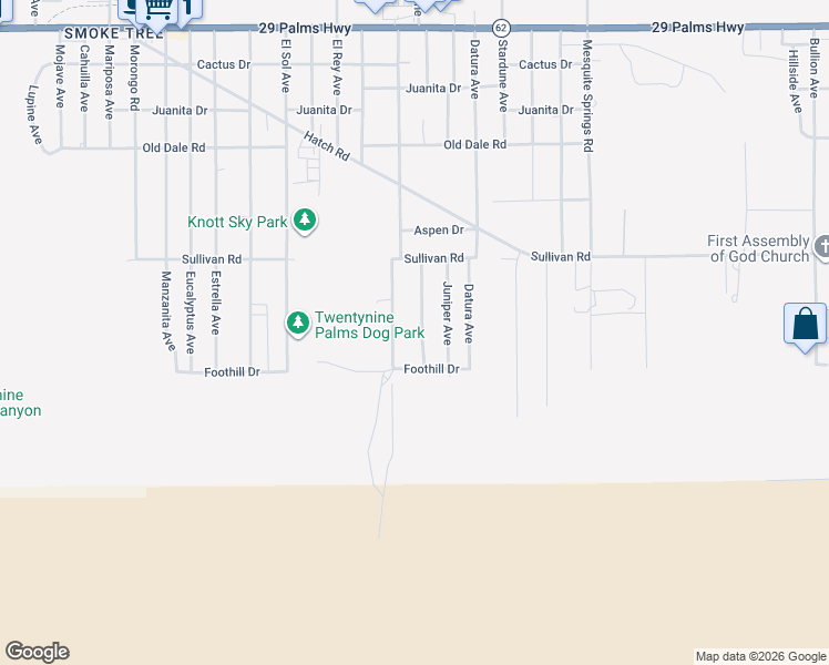 map of restaurants, bars, coffee shops, grocery stores, and more near 7030 49 Palms Avenue in Twentynine Palms