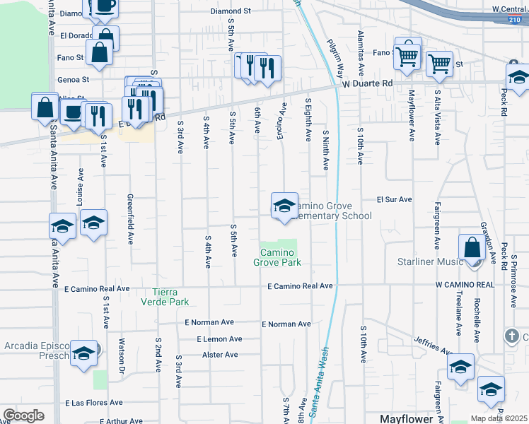 map of restaurants, bars, coffee shops, grocery stores, and more near 601 Camino Grove Avenue in Arcadia
