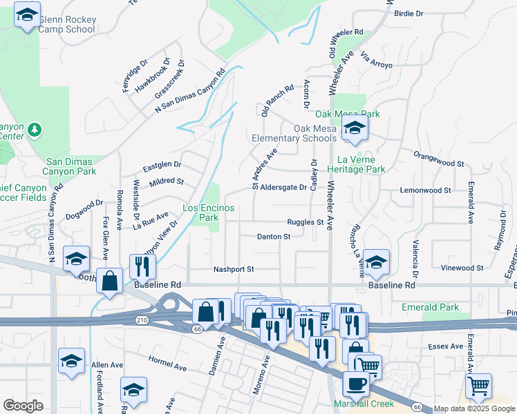 map of restaurants, bars, coffee shops, grocery stores, and more near 4836 Saint Andres Avenue in La Verne