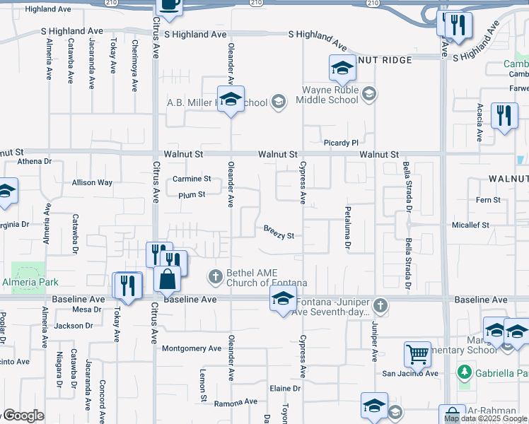 map of restaurants, bars, coffee shops, grocery stores, and more near 7055 Springtime Avenue in Fontana