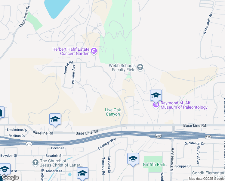 map of restaurants, bars, coffee shops, grocery stores, and more near Live Oak Canyon Road in La Verne