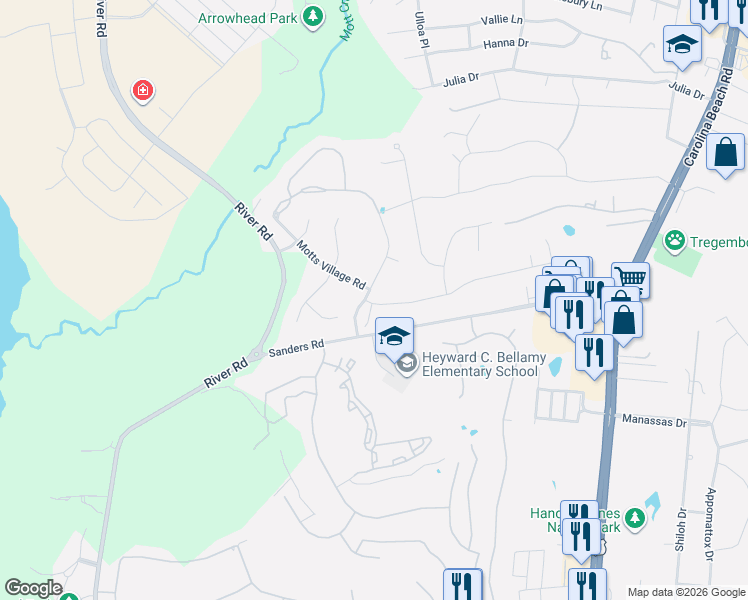 map of restaurants, bars, coffee shops, grocery stores, and more near 303 Motts Forest Road in Wilmington
