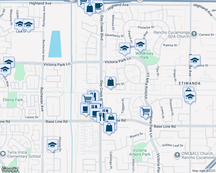 map of restaurants, bars, coffee shops, grocery stores, and more near 7067 Fontaine Place in Rancho Cucamonga
