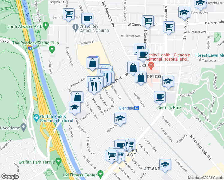 map of restaurants, bars, coffee shops, grocery stores, and more near 3958 Seneca Avenue in Los Angeles
