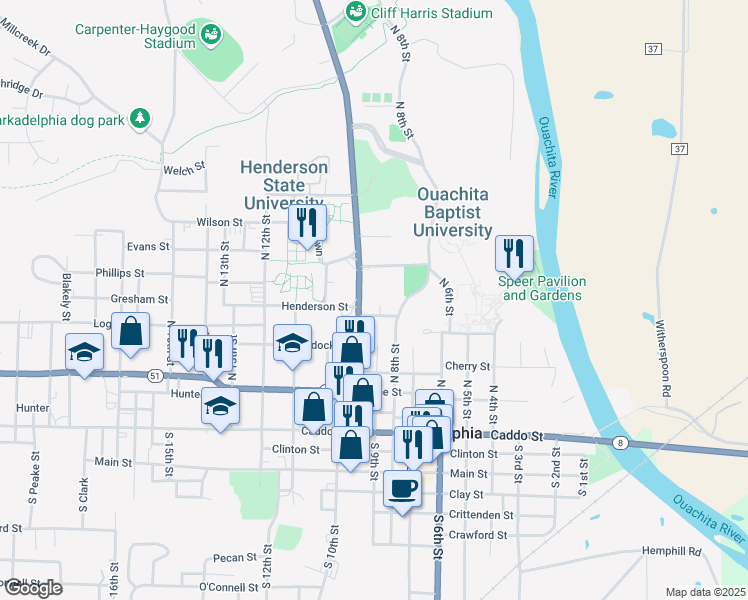 map of restaurants, bars, coffee shops, grocery stores, and more near 406 North 10th Street in Arkadelphia