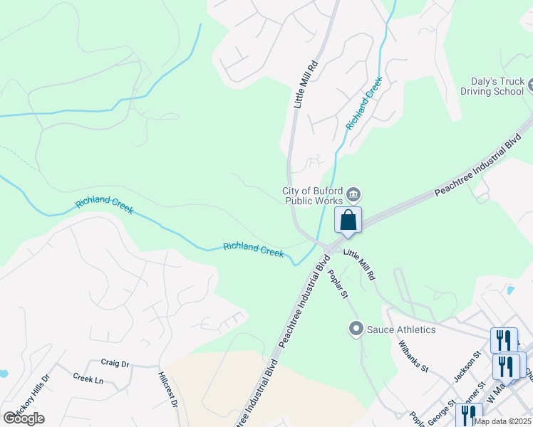 map of restaurants, bars, coffee shops, grocery stores, and more near 5339 South Richland Creek Road in Buford