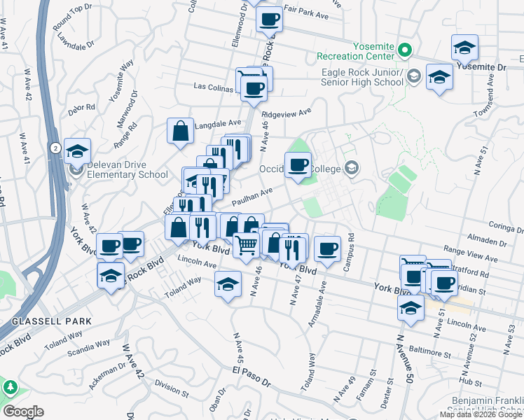 map of restaurants, bars, coffee shops, grocery stores, and more near 4571 Alumni Avenue in Los Angeles