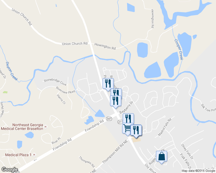 map of restaurants, bars, coffee shops, grocery stores, and more near 6099 Park Bend Avenue in Braselton