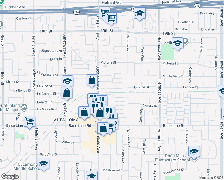 map of restaurants, bars, coffee shops, grocery stores, and more near 9800 Base Line Road in Rancho Cucamonga