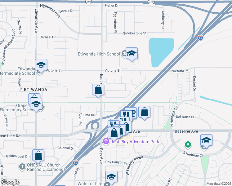 map of restaurants, bars, coffee shops, grocery stores, and more near 13393 Redwood Drive in Rancho Cucamonga