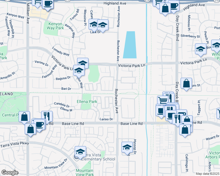 map of restaurants, bars, coffee shops, grocery stores, and more near 7089 Pozallo Place in Rancho Cucamonga