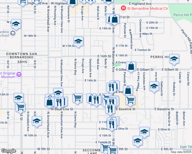 map of restaurants, bars, coffee shops, grocery stores, and more near 1473 Sepulveda Avenue in San Bernardino