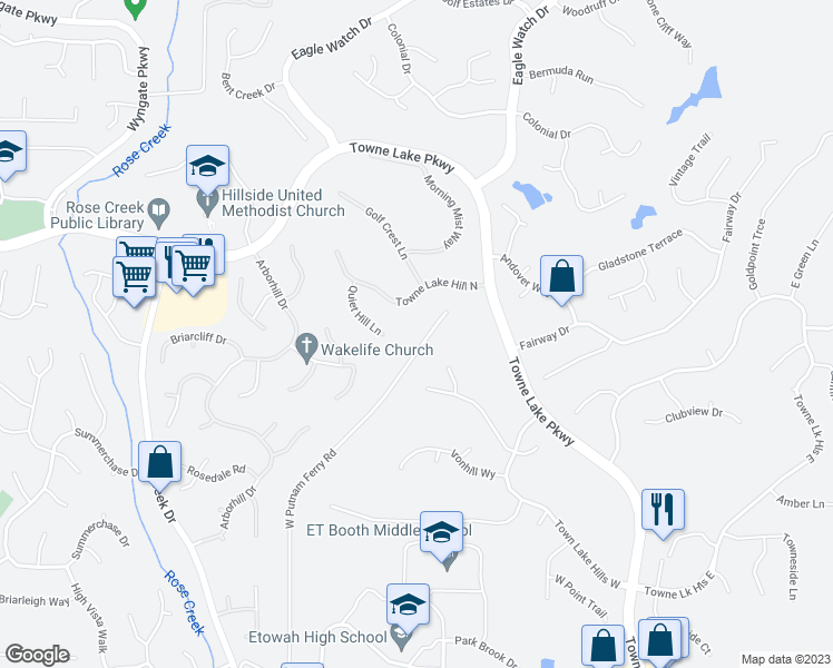 map of restaurants, bars, coffee shops, grocery stores, and more near 181 West Putnam Ferry Road in Woodstock