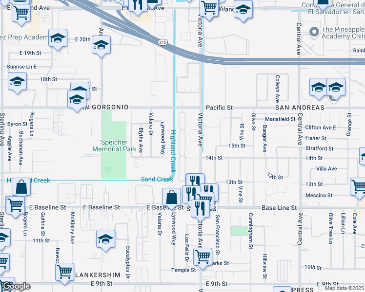 map of restaurants, bars, coffee shops, grocery stores, and more near 2727 Pacific Street in Highland