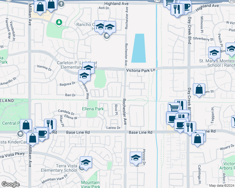 map of restaurants, bars, coffee shops, grocery stores, and more near 7089 Pozallo Place in Rancho Cucamonga